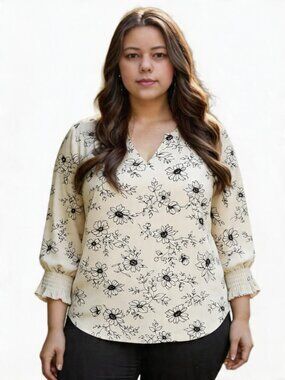 Women's Plus Size Tops 3/4 Sleeve Blouses V-Neck Shirt, APRICOT FLORAL, Size XL